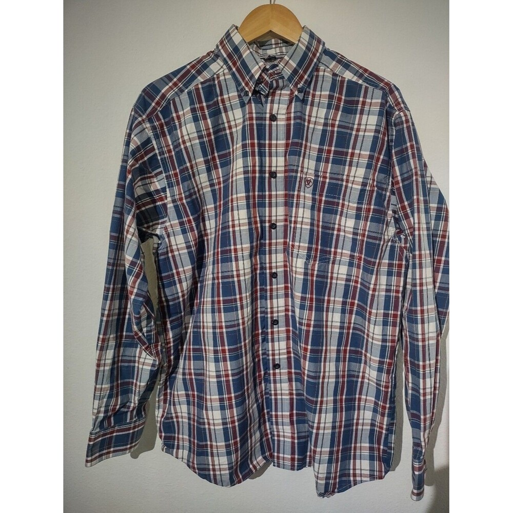 Ariat Pro Series Men's Plaid Button Up Shirt Size M Blue Red White 85% Cotton